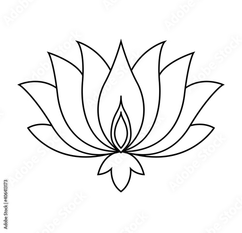 Lotus icon. Monochrome blooming flower. Black linear petals of plant on white background. Blossom  aquatic plant vector element for web. Coloring style