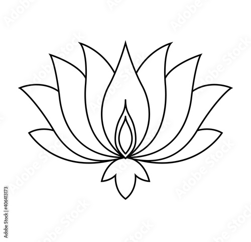 Lotus icon. Monochrome blooming flower. Black linear petals of plant on white background. Blossom, aquatic plant vector element for web. Coloring style