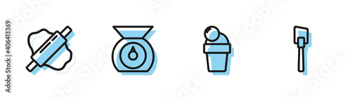 Set line Ice cream, Rolling pin on dough, Scales and Spatula icon. Vector.