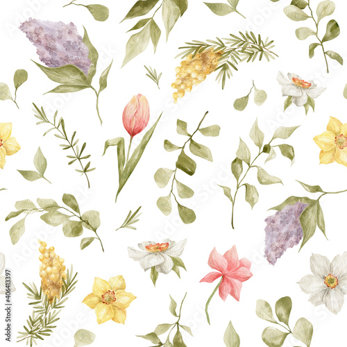 Watercolor seamless pattern with hand-drawn spring flowers. Lilac, tulip, narcissus, mimosa, leaves, branches, eucalyptus. Wild meadow flower. Botanical summer backgound
