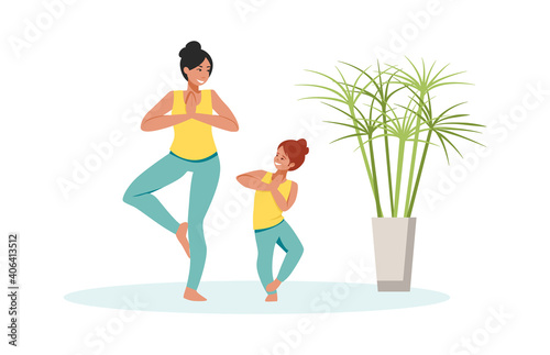 Family scenes. Mother and daughter do yoga, happy mom and little girl spend time together, kid doing asana and meditation, parenthood and childhood concept, colorful cartoon vector isolated characters