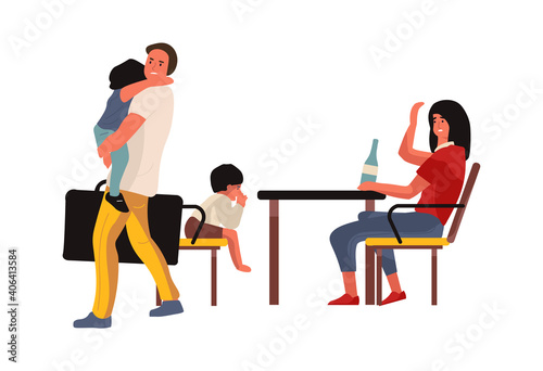 Family conflict. Mother and father brawling. Man and woman quarreling in presence of kids. Conflicting people and problems in relationship. Babies suffer from parents disagreement, vector illustration