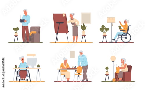 Senior people at home. Pensioners hobby. Elderly cartoon characters playing card games, watching movies and talking, drawing picture, listening radio, playing chess. Vector old persons scenes set © SpicyTruffel