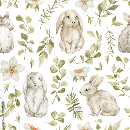Fotografia Watercolor seamless pattern with cute white rabbits and leaves