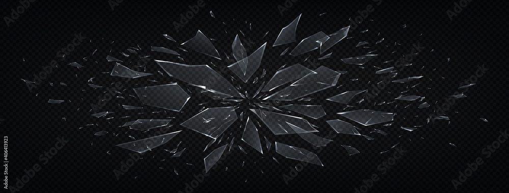 Broken glass. Realistic abstract shattered transparent fragments of crushed glass, explosion 3D effect with realistic shiny pieces isolated on black. Abstract blowing up vector horizontal background