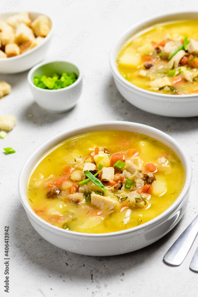 Comfort food, winter homemade split pea soup with smoked turkey. Space for text.