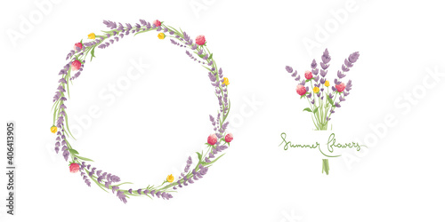 Cards for Wedding invitation. Set vector design elements, wreaths and bouquets of lavender and summer flowers, calligraphy lettering. 