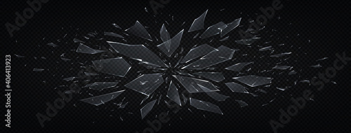 Broken glass. Realistic abstract shattered transparent fragments of crushed glass, explosion 3D effect with realistic shiny pieces isolated on black. Abstract blowing up vector horizontal background