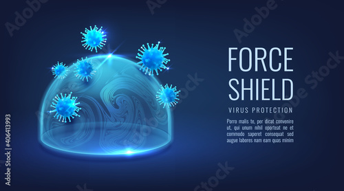 Protective bubble. Realistic force shield. 3D energy dome for virus protection. Blue secure sphere and attacking pathogenic microorganisms. Immunity or prevention of viral diseases, vector poster