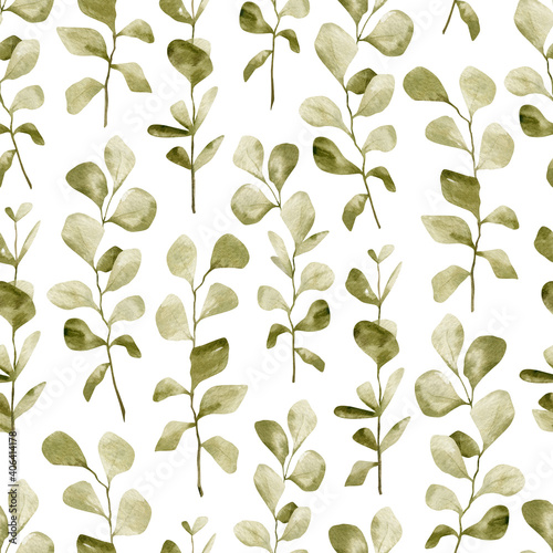 Fototapeta Naklejka Na Ścianę i Meble -  Watercolor seamless pattern with green leaves, plants, eucalyptus branch. Elegant greenery floral elements. Vintage nature background. Hand-drawn summer leaf for textile, wallpaper, posters