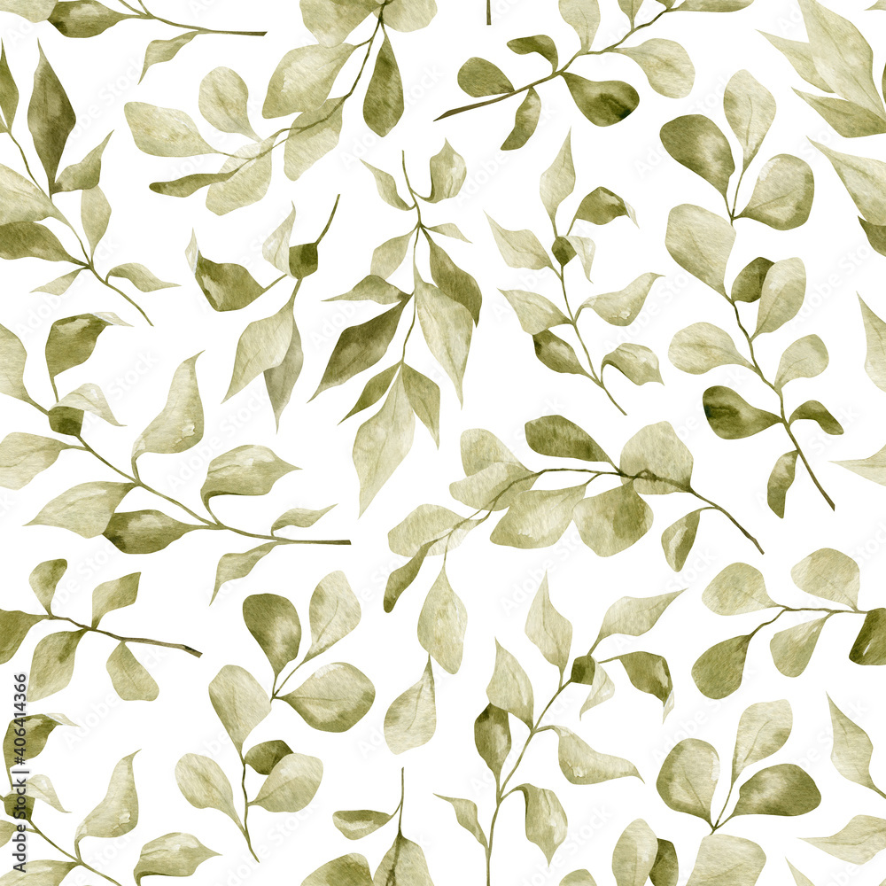 Watercolor seamless pattern with green leaves, plants, eucalyptus branch. Elegant greenery floral elements. Vintage nature background. Hand-drawn summer leaf for textile, wallpaper, posters
