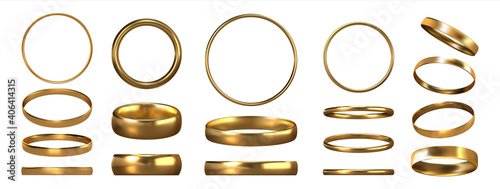 Golden rings. Realistic jewelry. View of shiny gold accessories from different sides. Collection of glossy metal jewels. Isolated traditional symbolic objects for wedding ceremonies, vector set