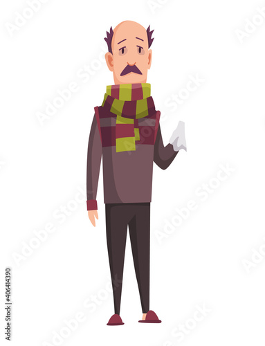 Flu cold. Flu or common cold treatment at home. Man with handkerchief in hand. Season allergy. Allergy sick or flu concept