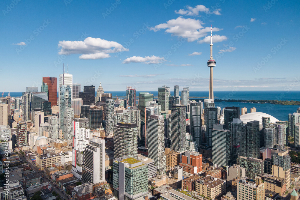 Toronto, Ontario, Canada., daytime aerial view of Toronto cityscape showing landmark buildings in the financial district.