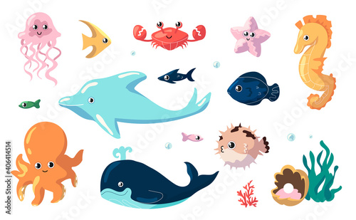 Cute sea animals. Cartoon funny fish swim underwater. Collection of ocean inhabitants. Isolated jellyfish and seahorse  dolphin or whale and octopus. Undersea creatures  vector marine fauna set