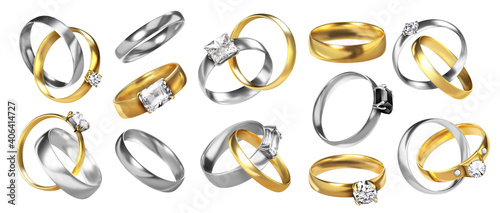 Wedding rings. Realistic jewelry. Golden ceremony rings. Silver honeymoon elements with shiny diamonds and precious stones. Isolated collection of luxury accessories from jewel metals, vector set