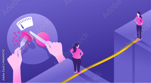 woman stands near a gap, with tape as a bridge