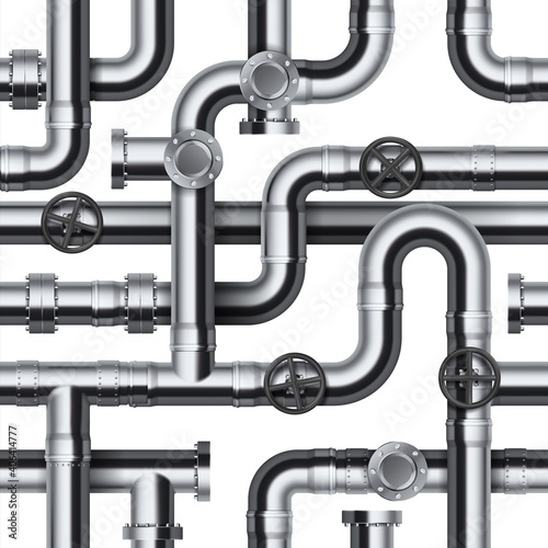Seamless pipeline pattern. Realistic water and gas engineering plumbing system. 3D glossy steel cylindrical tube constructions. Round valves and pipe connection with bolts. Vector industrial template
