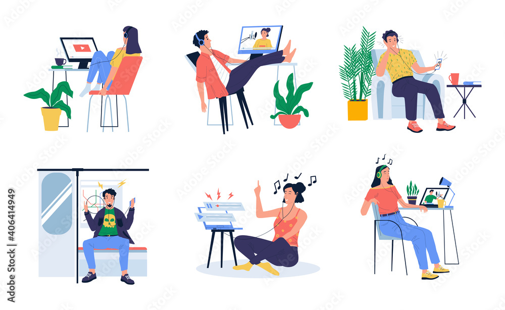 People listen podcast. Cartoon young men and women with headphones listening interview or music. Isolated characters watching video blogs in transport or at home. Modern leisure pastime, vector set