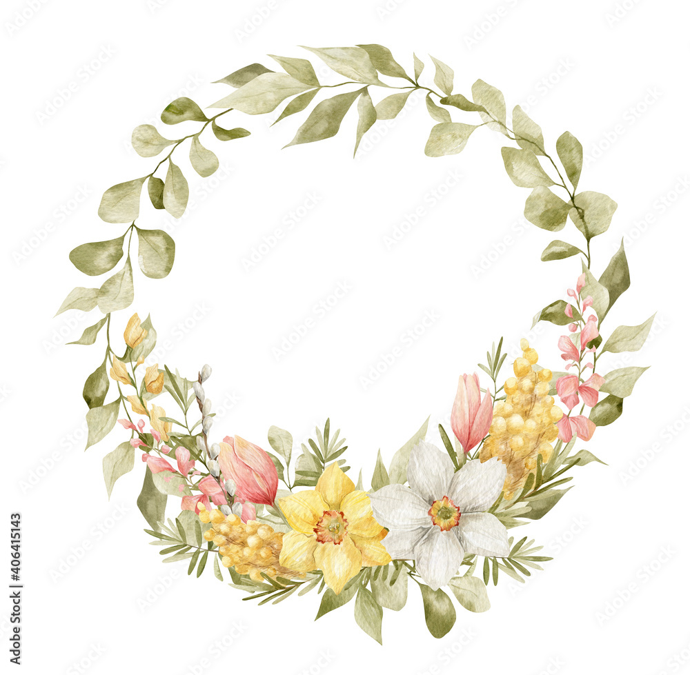 Watercolor wreath with mimosa, narcissus, tulip flowers and leaves. Elegant spring bouquet. Feminine frame for mother's day, women's day. Flower arrangement. Blossom summer vintage wreath