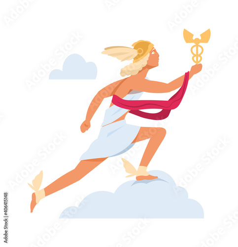 Hermes or Mercury. Antique mythology character. God of Olympic pantheon. Cartoon young man in winged sandals and helmet. Running cute male in toga with gold scepter. Vector ancient hero of legends