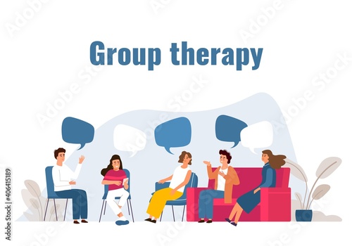 Group therapy. Addiction treatment session. Cartoon people with speech bubbles. Collective psychotherapy for mental health. Psychologist or psychoanalyst consultation. Vector concept with lettering