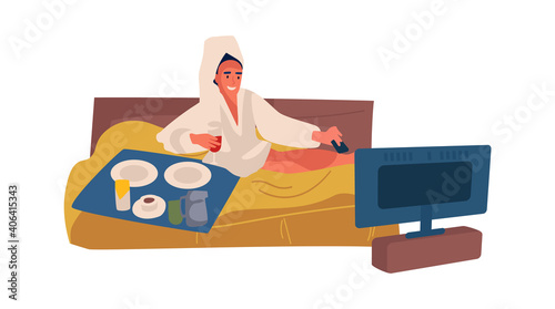 Woman spending weekend at home. Cartoon female drinking wine and watching television in bedroom. Isolated cute character lying on bed and eating snacks. Leisure pastime, vector flat illustration