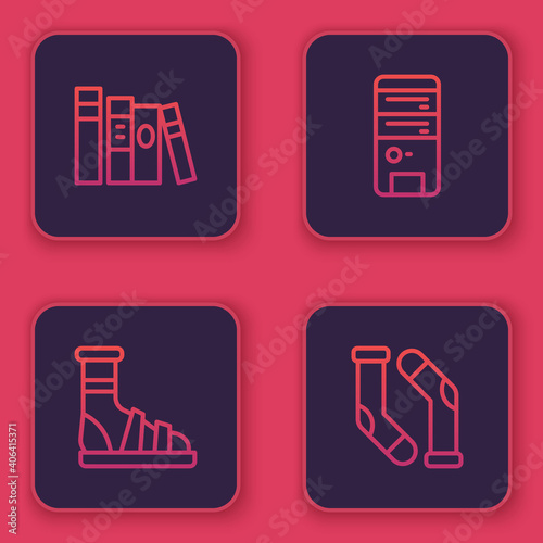 Set line Book, Slippers with socks, Computer and Socks. Blue square button. Vector.