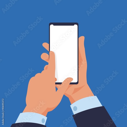 Hand holding smartphone. Cartoon modern mobile in human arms. White gadget touchscreen with copy space. Electronic device screen mockup. Phone application advertising. Vector flat illustration