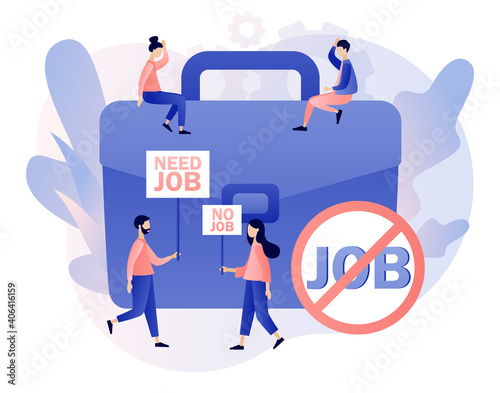 Unemployment social problem concept. Need job. Tiny people unemployed looking for job. Economic crisis, company and business closed, workplace shortening. Modern flat cartoon style.Vector illustration