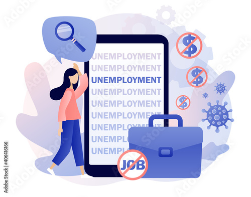 Unemployment - text on smartphone screen. Social problem concept. Tiny woman unemployed looking for job. Economic crisis, business closed, workplace shortening. Modern flat cartoon style. Vector 