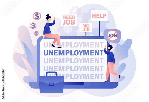 Unemployment - text on laptop screen. Social problem concept. Tiny people unemployed looking for job. Economic crisis, business closed, workplace shortening. Modern flat cartoon style. Vector 