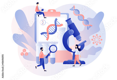 Biotechnology concept. Science, laboratory research,  genetic testing, chemical, GMO, bioengineering and organism. Tiny people study dna use microscope. Modern flat cartoon style. Vector illustration
