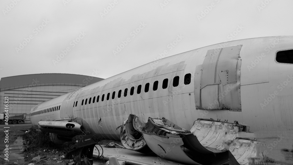 Airplane crash wreck. Abandoned airplane wreck. Big plane dumped as junk.