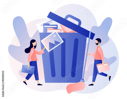 Tiny people deleting file and move unnecessary files to the big trash bin. Delete concept. Cleaning digital memory. Modern flat cartoon style. Vector illustration on white background