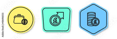 Set line Wallet with coins, Financial growth and pound and Coin money. Colored shapes. Vector.