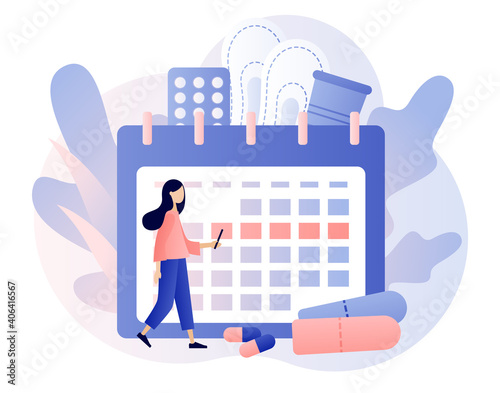Menstruation period concept. Tiny girl with big monthly calendar, menstrual cup, tampon and tablets. Menstrual protection and feminine hygiene. Modern flat cartoon style. Vector illustration 