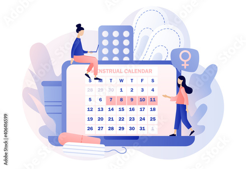 Menstruation period. Tiny girls with monthly calendar on laptop screen, menstrual cup, tampon and tablets. Menstrual protection and feminine hygiene. Modern flat cartoon style. Vector illustration 