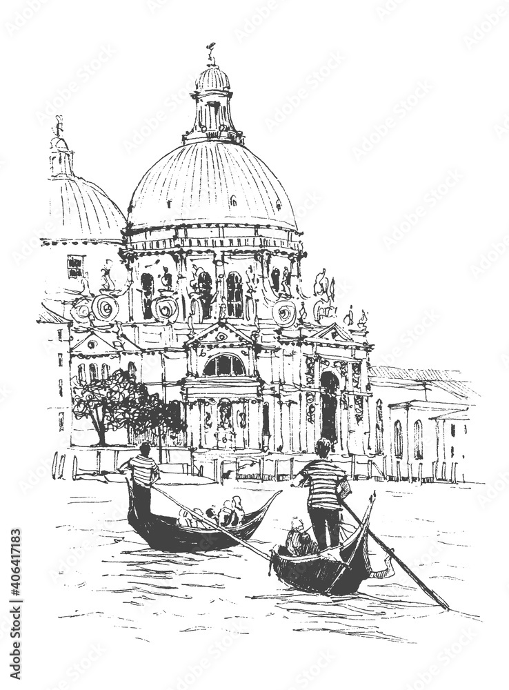 Obraz premium Liner sketches architecture of Italy Venice. Water gondola gondolier. Sketch draw graphic illustration. Sketch in black color isolated on white background. Hand drawn travel postcard. Travel sketch.