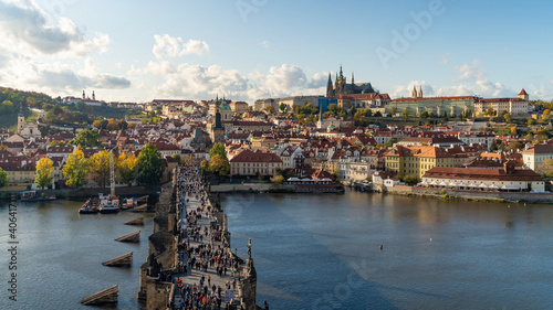 Photography Panoramic view of Prague cityscape including historical landmarks Prague Castle and Charles Bridge in Prague, Czech Republic