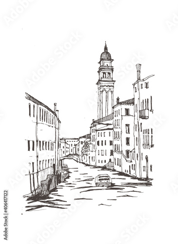 Liner sketches architecture of Italy Venice. Water gondola gondolier. Sketch draw graphic illustration. Sketch in black color isolated on white background. Hand drawn travel postcard. Travel sketch.