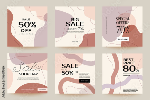 Design template set of social media platform share photo post organic shape design. Promotion banner for online store. Show discount, sales, new arrivals. Vector illustrate.