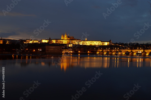 Prague castle and Vltava river in the evening after sunset © Hana