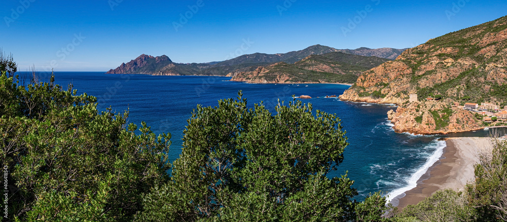 Genoese Tower of Portu (Torra di Portu). Located in the commune of Ota (Corse-du-Sud) on the west coast of Corsica in the Gulf of Porto. France Genoese Tower of Portu (Torra di Portu). Located in the commune of Ota (Corse-du-Sud) on the west coast of Corsica in the Gulf of Porto. France