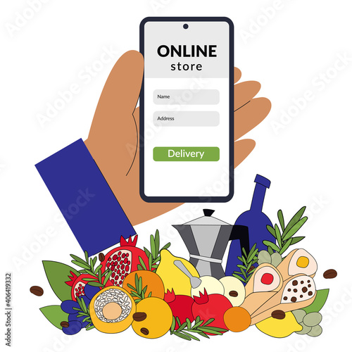 Make an order online. A person is holding a smartphone in a hand and make an internet order at an online food store, restaurant. Food delivery service. Italy, Sicily. Vector illustration