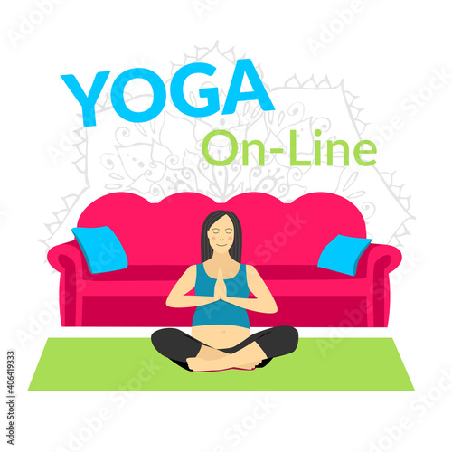 Yoga online class for pregnancy. Woman doing yoga at home. Vector flat illustrations. Concept, banner