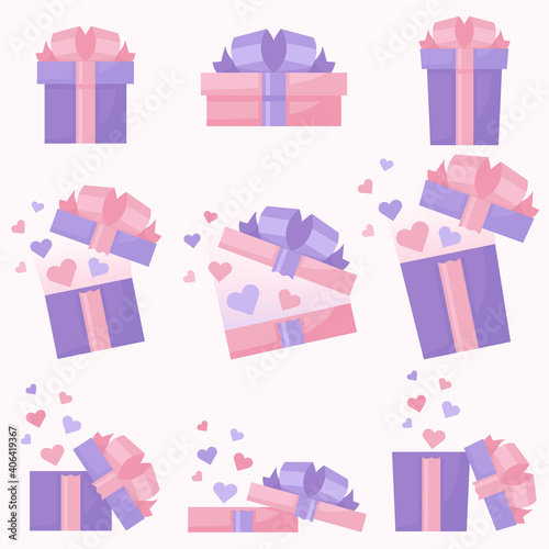 Closed, jumping and open gift boxes. Saint Valentine's present flat vector illustrations set. Pink and violet gift boxes with hearts.