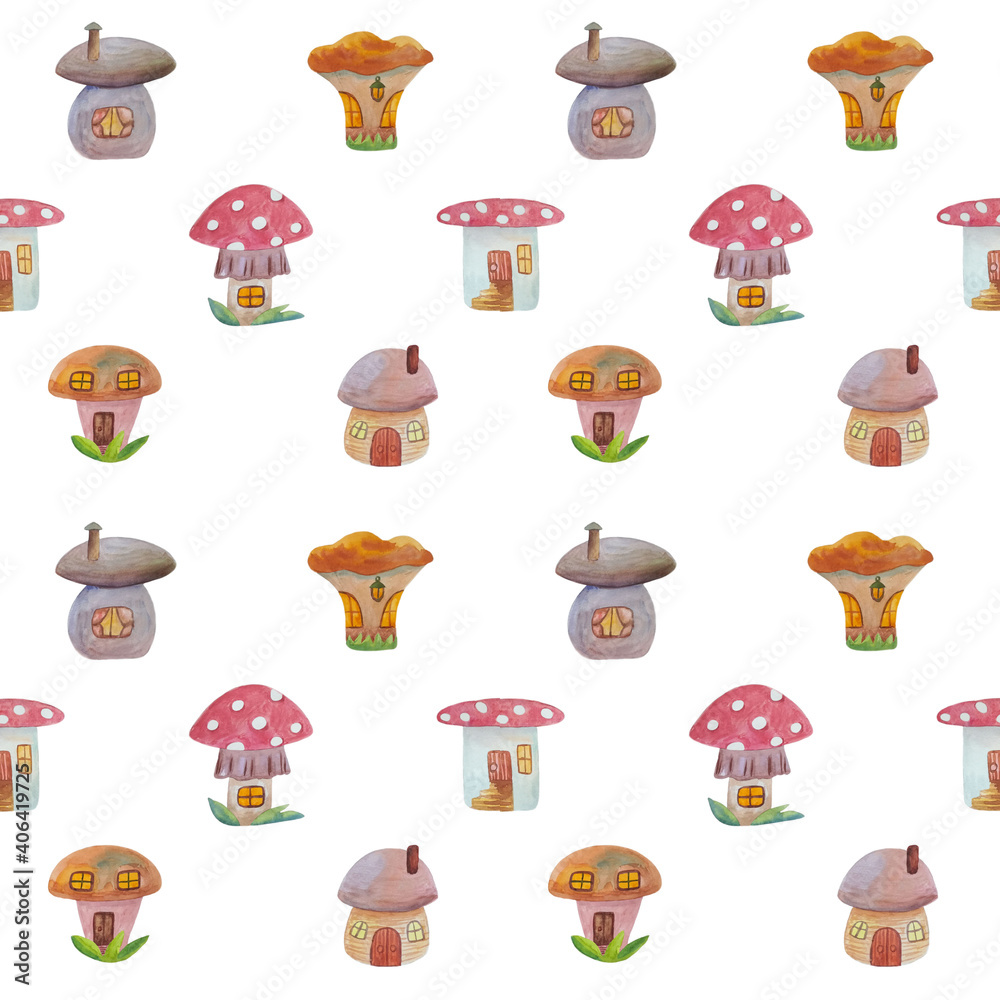 Seamless pattern with mushroom houses on a white background. Houses in the form of chanterelles, fly agaric and other mushrooms. Drawn in watercolor by hand. Children's pattern for wallpaper or fabric Seamless pattern with mushroom houses on a white background. Houses in the form of chanterelles, fly agaric and other mushrooms. Drawn in watercolor by hand. Children's pattern for wallpaper or fabric