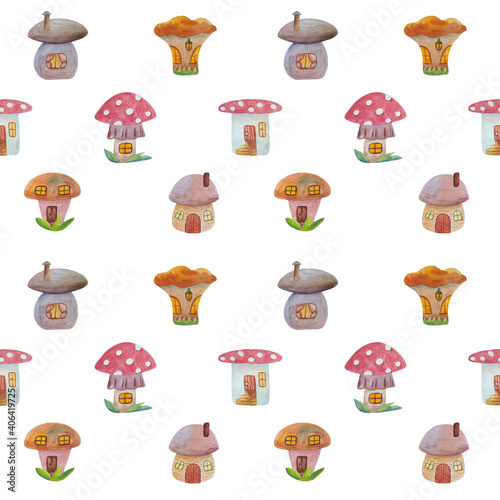 Seamless pattern with mushroom houses on a white background. Houses in the form of chanterelles, fly agaric and other mushrooms. Drawn in watercolor by hand. Children's pattern for wallpaper or fabric
