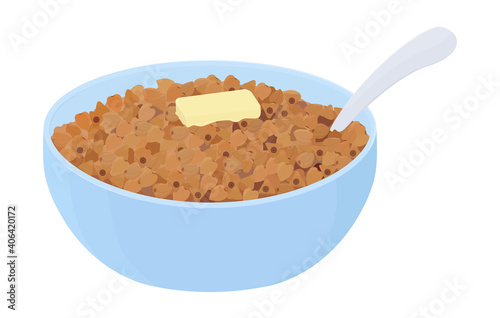Buckwheat porridge with butter in blue bowl. grain pile heap on plate. Cartoon breakfast vector illustration isolated on white background
